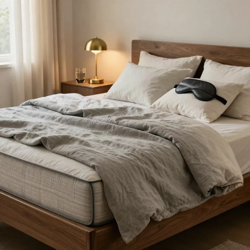 Rumpled bed with weighted blanket, eye mask, water glass and bedside lamp in a quiet night bedroom.