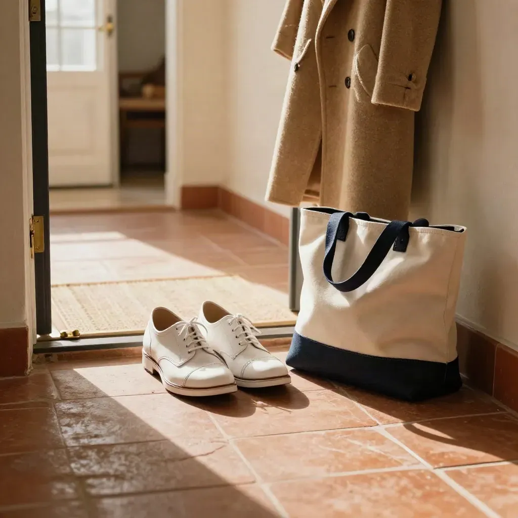 Shoes, folded coat, and navy-trimmed tote at an open doorway in soft morning light