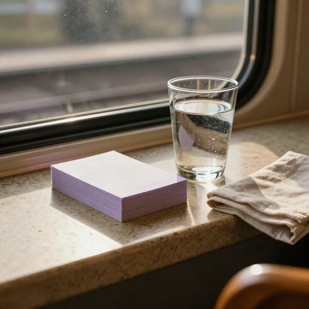 Breath cue cards, water glass, and linen napkin on a train-side cafe ledge in soft window light.