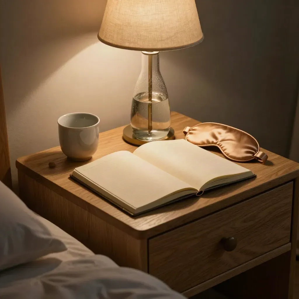 Bedside nightstand with notebook, eye mask, carafe and dim lamp glow.