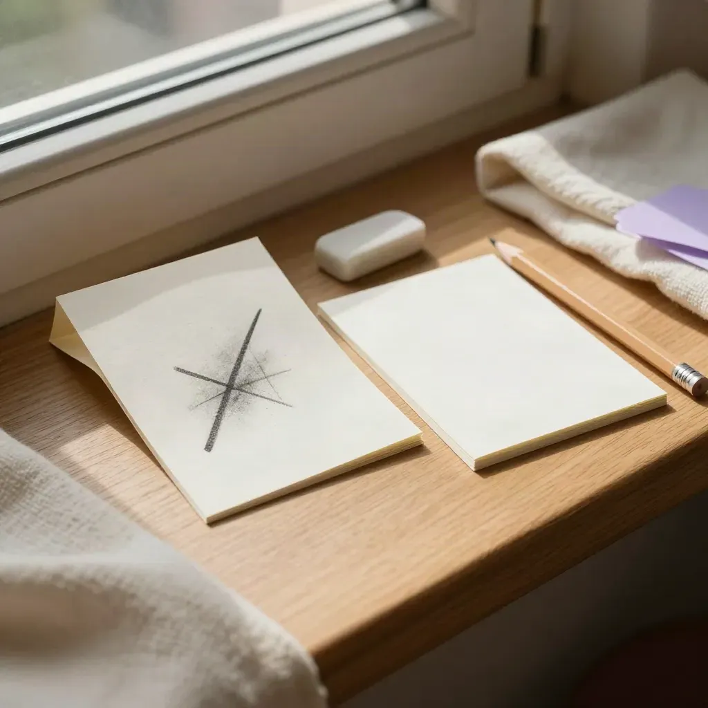 Two note cards with pencil and eraser on a sunny windowsill, one marked and one clean.