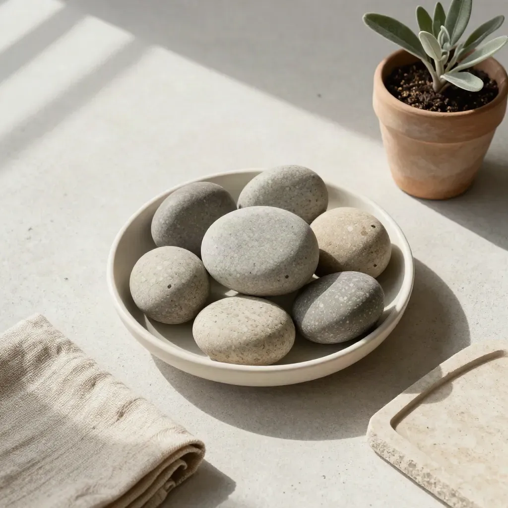 Grounding stones in ceramic dish with linen and tiny plant on a pale concrete tray.