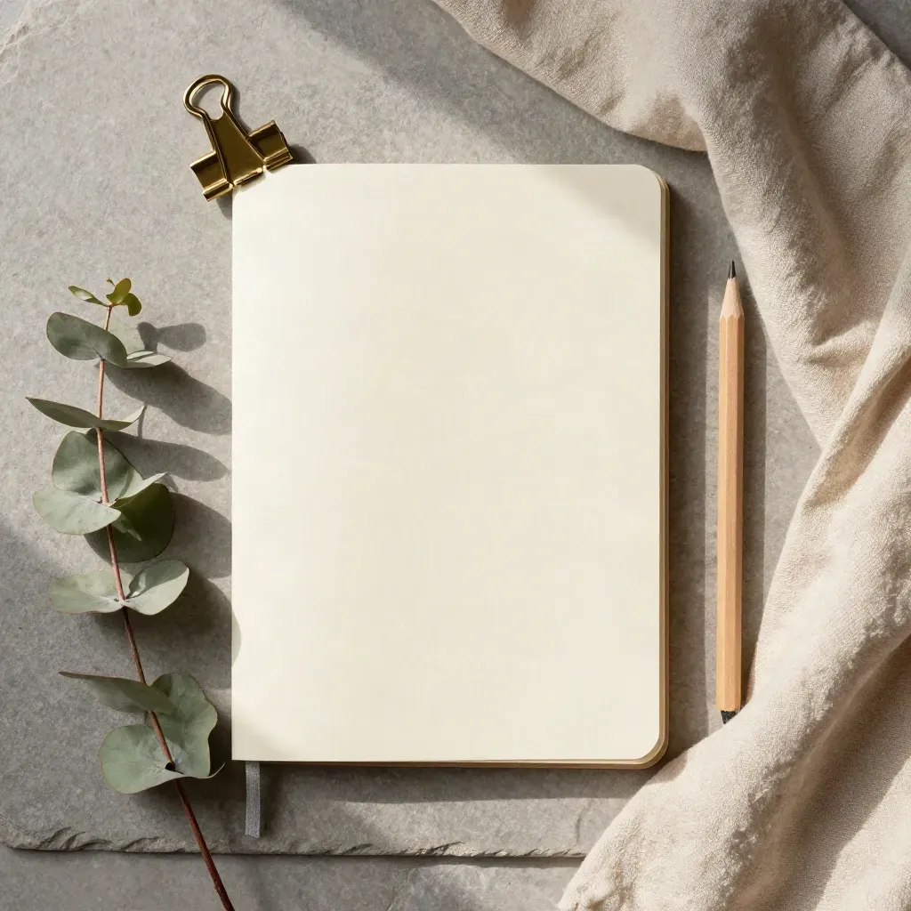 Overhead flatlay of a cream journal notebook, pencil, brass clip, eucalyptus and folded cloth on stone.